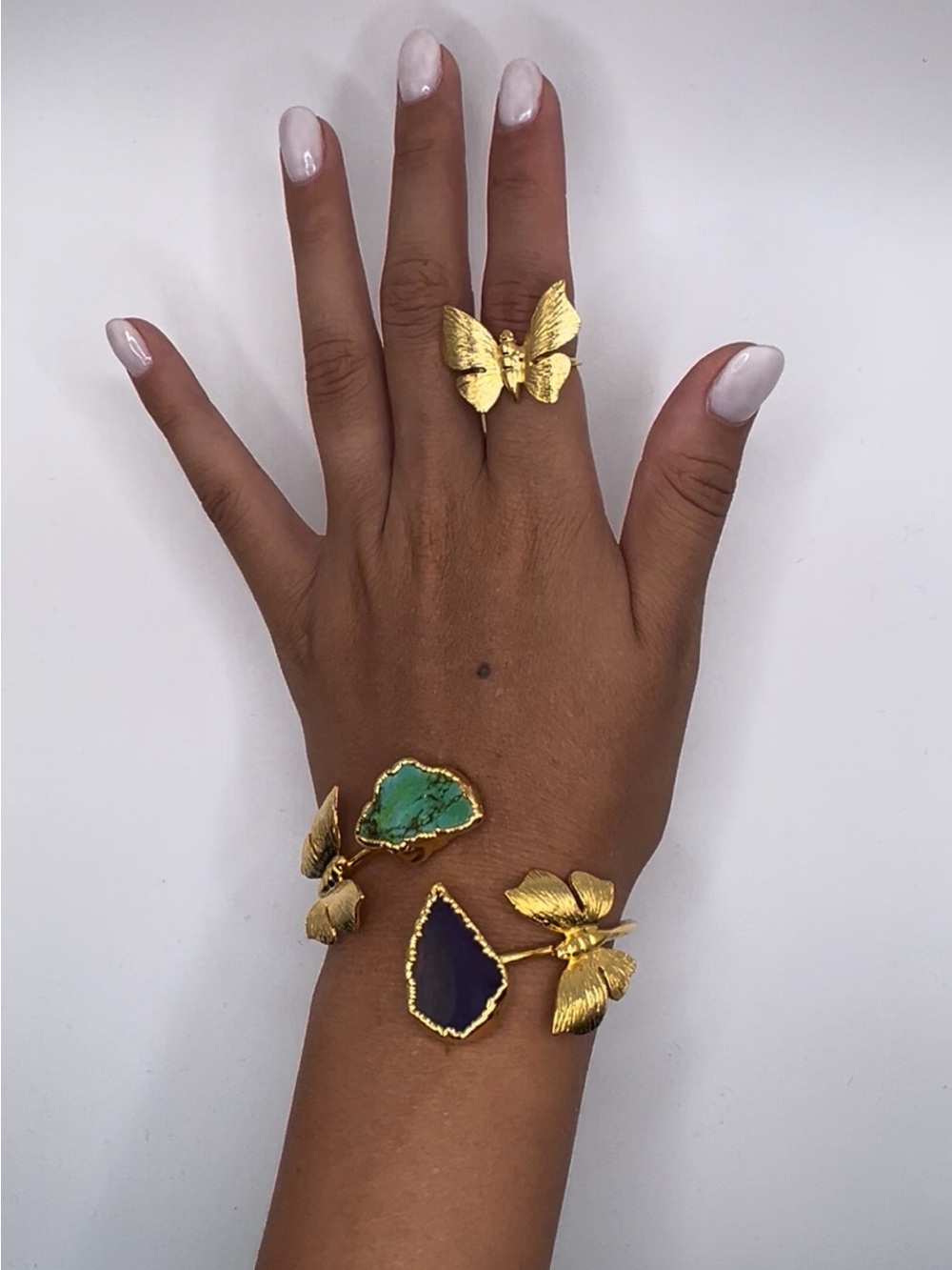 Gold Butterfly Turquoise & Lapis Statement Bracelet and Ring Set